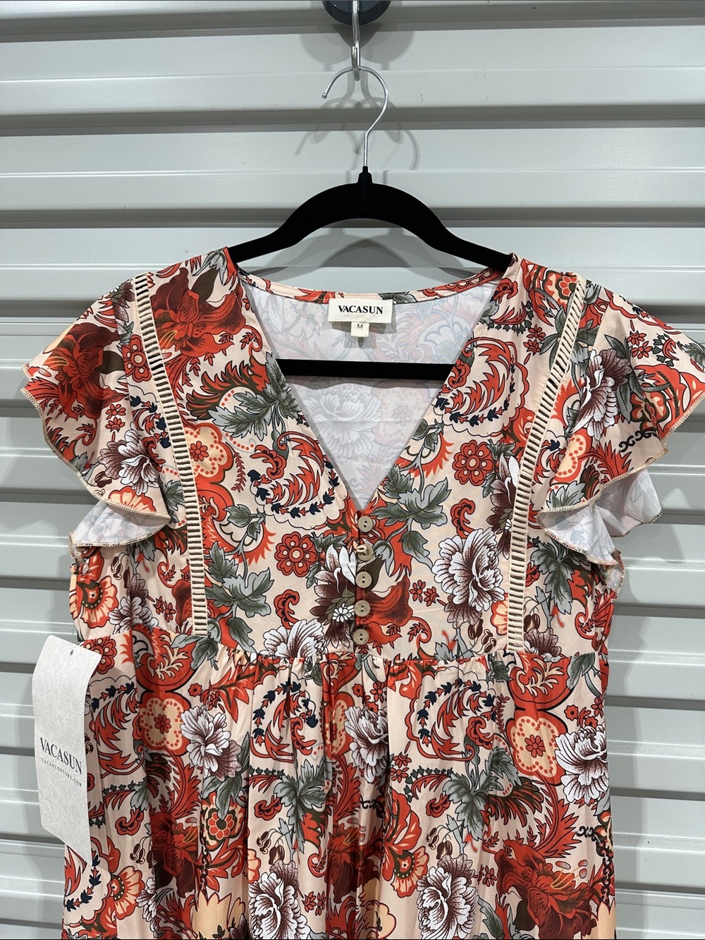 Red Floral Tiered Maxi Dress with Ruffle Sleeves - Picture 6 of 11